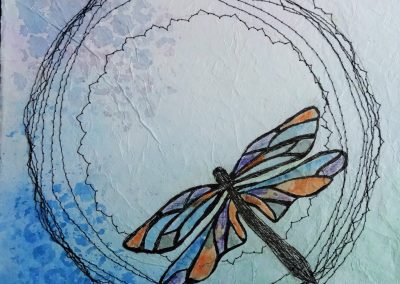 Dragonfly~ watercolour collage with stictching